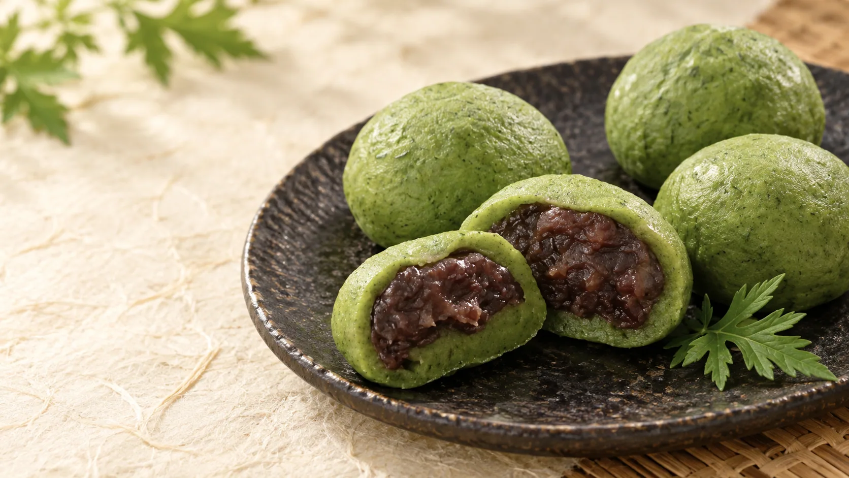 和紙の上に置いた黒い器に盛られた、鮮やかな緑の草餅と艶のある粒あん