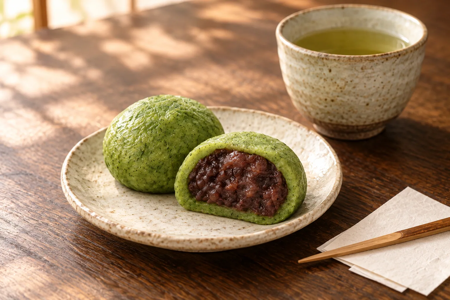 木の卓に置いた白い器の草餅と、湯呑みに淹れた緑茶