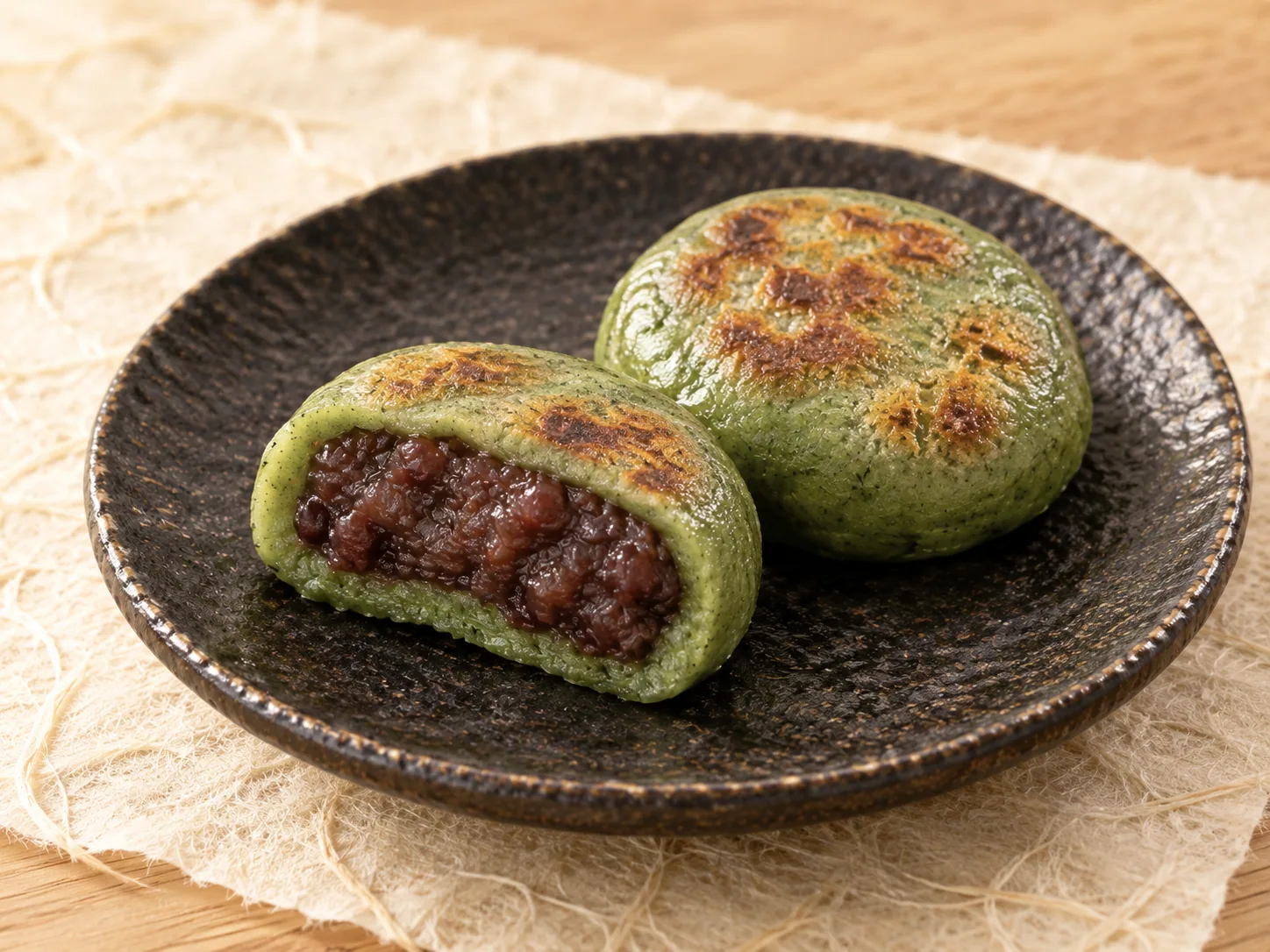 こんがりと焼き目のついた緑の焼き草餅。手前は餡の断面を見せたイメージ